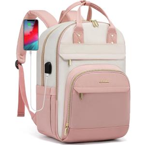 LOVEVOOK Laptop Backpack Women,Large Capacity 15.6 inch Laptop Bag Travel Backpack for Women,Computer Work College Teacher Backpacks with USB Port,Waterproof Personal Item Backpack Casual Daypack (Beige-pink-pink)