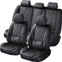 Car Seat Covers Full Set, Universal Fit Faux Leather Cushion Protector, Waterproof Non-Slip Automotive Interior Accessories for Sedans, SUVs, Trucks(Black Full Set)