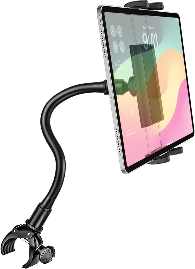 Gooseneck Indoor Cycling Tablet Mount, Spin Bike Tablet Holder for Stationary Treadmill Elliptical, 360 Rotation Handlebar Clamp for iPad Pro Mini Air, Galaxy Tab/Z Fold, iPhone,4-12.9" Device