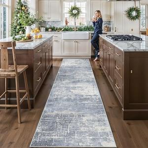 Washable 12ft Hallway Runner Rug: Non-Slip 2'6x12 Kitchen Rugs Low-Pile Entryway Rug Runner Abstract Soft Bedroom Floor Mat Farmhouse Carpet for Bathroom Living Room Dining Room(2'6x12,Blue/Ivory)
