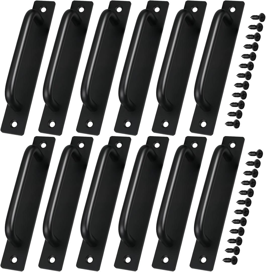 Therwen 12 Pcs Barn Door Handle 5.8 Inch Cabinet Pulls Aluminum Alloy Kitchen Cabinet Handles Sliding Black Pulls for Cupboard Wardrobe Closet Shed Garage Barn Door with Screws(Black)