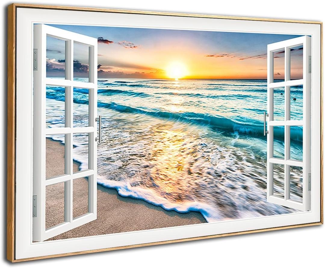 DUN HUANG ART Wave Canvas Wall Art Sunset Ocean Canvas Wall Art for Bedroom Decor - Beach Sunset Ocean Nature Pictures - Stretched Seascape Giclee Artwork with Frame- Ready to Hang - 16x24 inches