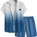 Floerns Men's 2 Piece Outfit Hawaiian Button Down Shirts and Shorts Set (Large, Teal Blue)