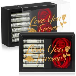 CroBlissful Valentine's Day Money Box for Cash Gift Money Gift Box for Cash with 2 Velvet Rose Flower 6 Acrylic Tubes for Women Girlfriend Wife Anniversary(Love You Forever) (Red and Black)