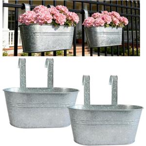 Balcony Galvanized Hanging Planters Railing Flower Pots, Outdoor Metal Fence Planter Pot with Detachable Hooks Drain Hole for Garden Patio Yard Decor (12 Inch, 2Pcs)