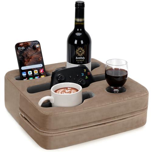 Couch Cup Holder Pillow - Sofa Cup Holder | Couch Caddy, Couch Drinks Remotes Holder for Cups, Headphones, Snacks, and Phones | Use it on Car, Pack, Beach, RV, and More(Lightbrown)