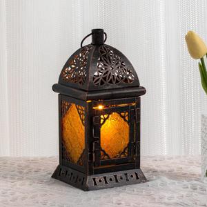 Candle Lanterns Decorative Indoor & Outdoor, 12'' Vintage Moroccan Hanging&Tabletop Lantern, Christmas Halloween Metal Candle Holder for Home Front Porch Patio Decor (Amber)
