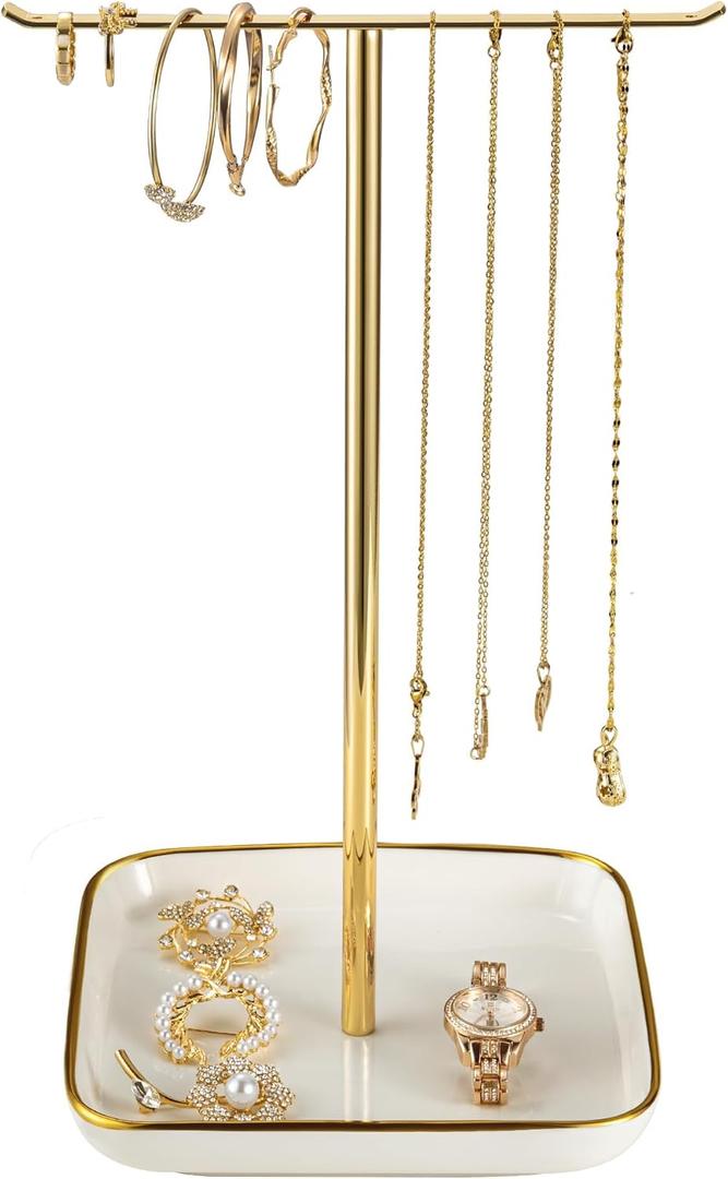 Jewelry Holder Stand with Ceramic Base: Necklace Organizer Rack, Tree Design Display Storage for Necklaces, Bracelets, Rings, Earrings, Aesthetic Room Décor for Girls and Women, Gold