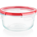 Pyrex Freshlock 4 Cup Round Food Storage Container: Glass Container with Lid, Oven & Microwave Safe, Clear/Red