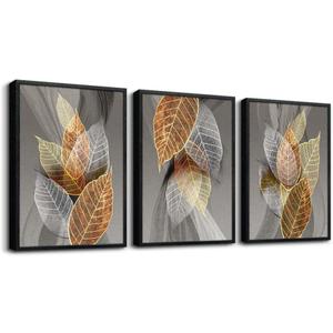 Black Framed Canvas Wall Art For Living Room Wall Decorations For Kitchen Bedroom Wall Decor Abstract Leaves Painting Inspirational Pictures Artwork Bathroom Home Decor of 3 Piece Framed Art Prints