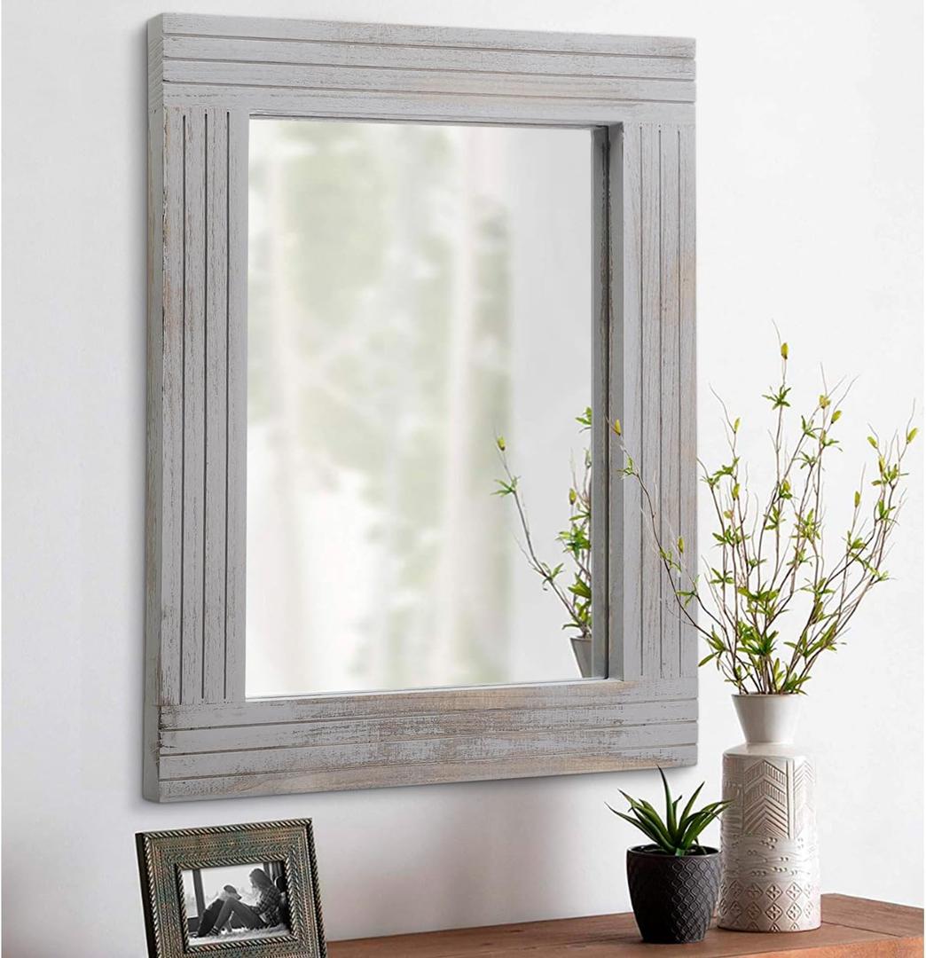 Rustic Mirror Wooden Frame Rectangular Antique Wall Mirror Decor Farmhouse Bedroom Dresser Bedroom Entryway Mirror Large Light Gray 20"x16" (20"L x 16"W, Rustic Gray)