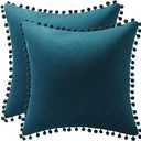 Throw Pillow Cases 18x18 Teal: 2 Pack Cozy Soft Pom-poms Velvet Square Decorative Pillow Covers for Farmhouse Home Decor