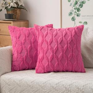MIULEE Hot Pink Throw Pillow Covers 18x18 Set of 2 Spring Decorative Farmhouse Couch Throw Pillows Boho Shells Cute Soft Plush Wool Winter Pillowcases for Bedroom Living Room Sofa