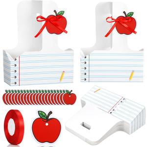 20 Set Teacher Appreciation Gifts 2 Cup Drink Carrier, Disposable Cardboard Kraft Coffee Cup Holders with Handle Apple Greeting Card Ribbon for Graduation School Party Favors(White Stripes)