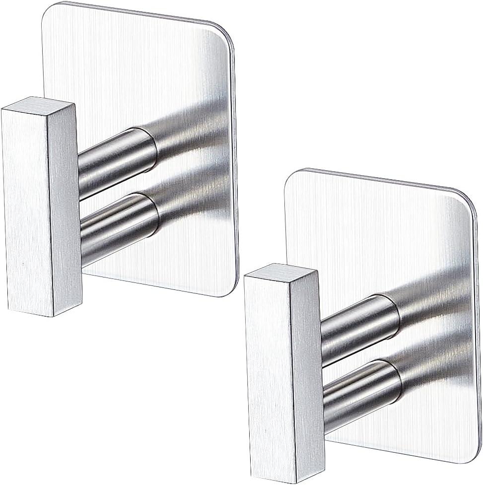 Adhesive Towel Hooks for Bathrooms, Wall Mounted SUS 304 Stainless Steel Robe Hooks Silver,Towel Hanger Hook for Home Kitchen, 2 Packs