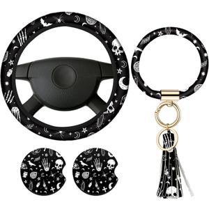 4 Pieces Black Moons White Stars Print Car Accessories Set Black Moons White Stars Steering Wheel Cover with 2 Pieces Car Cup Holder and Leather Keyring for Truck Suv(Horror Pattern)