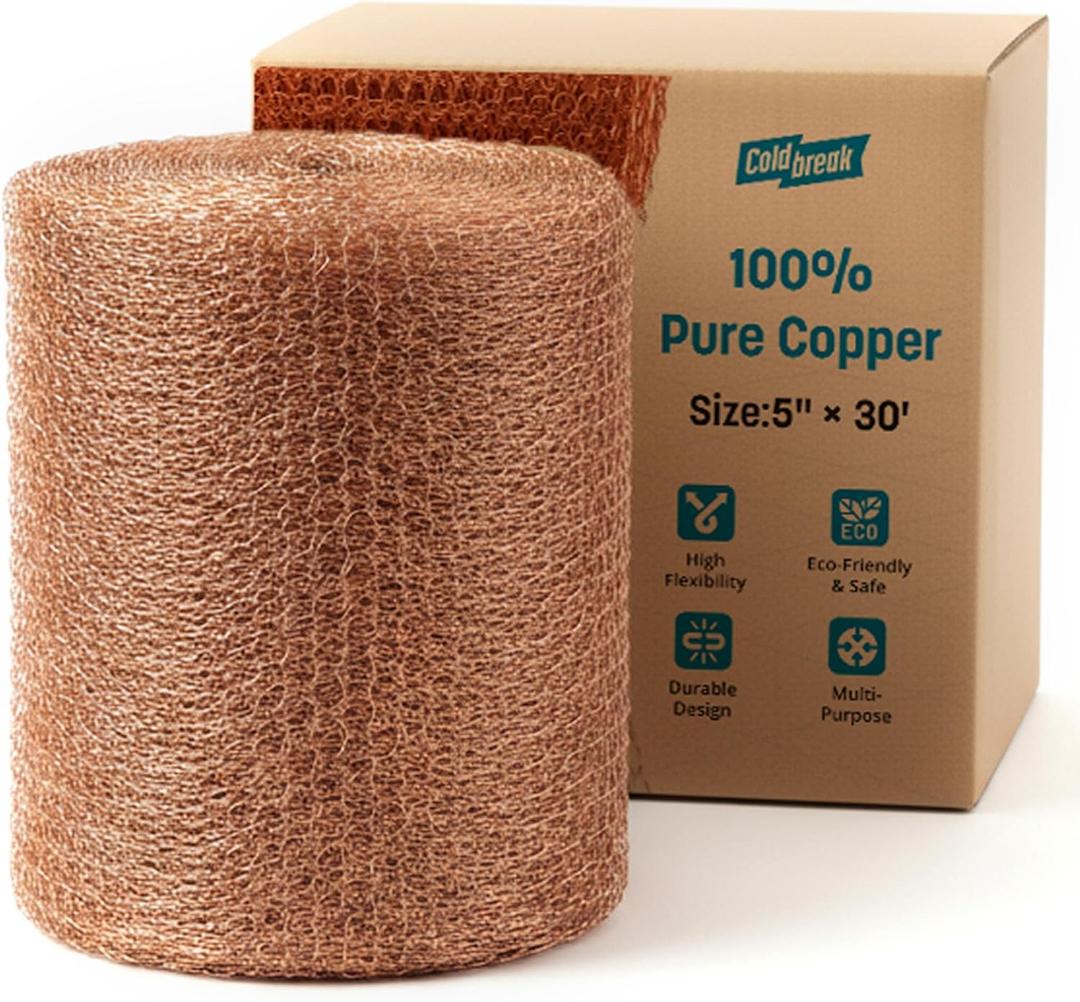 Coldbreak Copper Mesh Rodent Control  5" x 30' Rustproof Copper Wool Roll for Wall Hole Filler, Rodent Control, Bat & Snail Blocker  Perfect for Hole Sealing, Gardening & Water Pipe Openings