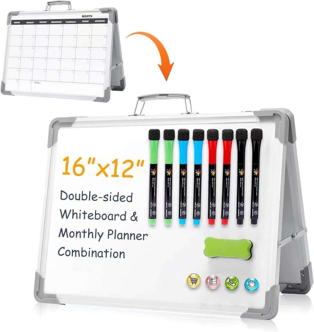 Magnetic Dry Erase Board with Calendar - Small Double Sided Whiteboard on Desktop with Monthly Schedule Planner, Portable Folding White Board on Table Top for Drawing, Teacher Students Classroom