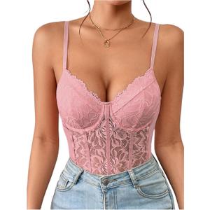 Milumia Women's Sexy Sheer Mesh Lace Bodysuit Spaghetti Strap Bustier Corset Tops Rave Party Club All Pink X-Large