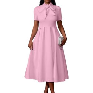 Memoriesea Women's Elegant Casual Short Sleeve Work Party A-Line Dress with Pockets Large