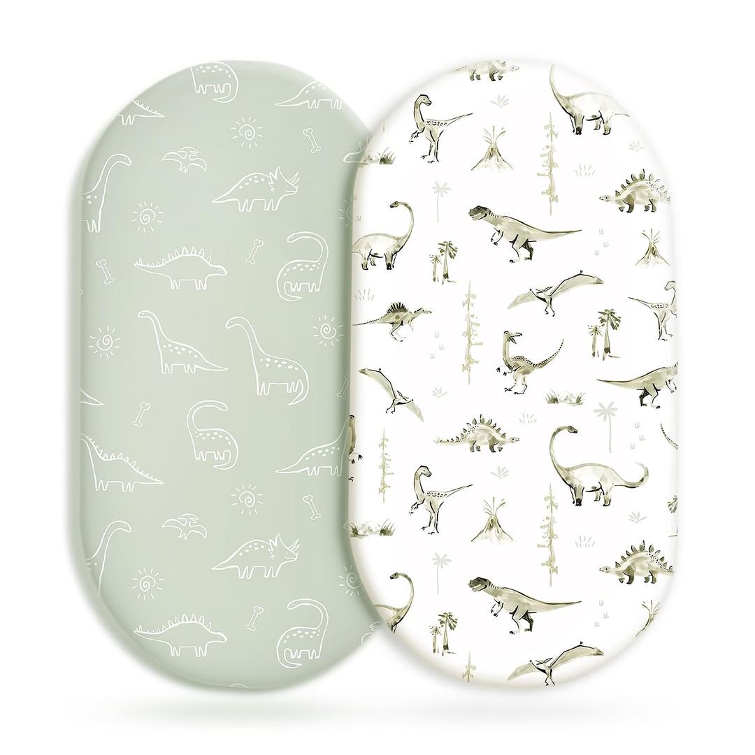 Stretch Ultra Soft Fitted Bassinet Sheet Set 2 Pack, Universal Fit for Bassinets Baby Cradle Moses Basket Oval Rectangle Mattress Safe and Snug, Dinosaur