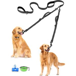 PetBonus Double Dog Leash, No Tangle Dual Leash, Reflective Walking Training Lead, 4 Comfortable Padded Handles for 2 Dogs with Collapsible Bowl and Waste Bags (Black, Large)