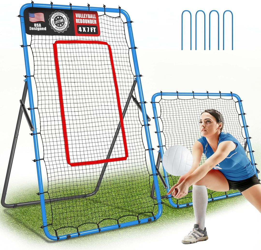 2-in-1 Volleyball Rebounder Net System, Adjustable from 7x4 ft to 4x4.5 ft, 4-Angle Bounce Back Net, Training Equipment for Volleying, Bumping, Spiking Practice, Resists Twisting (Blue)