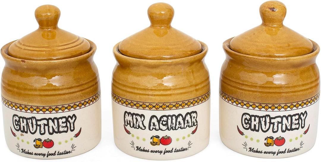 Set of 3 Ceramic Pickle & Chutney Jars With Lid - 10 Oz (300 ml)  Glazed Condiment Holder For Kitchen Counter, Food Storage Container for Spices, Sauces  Rustic Farmhouse Home Dining Table Decor