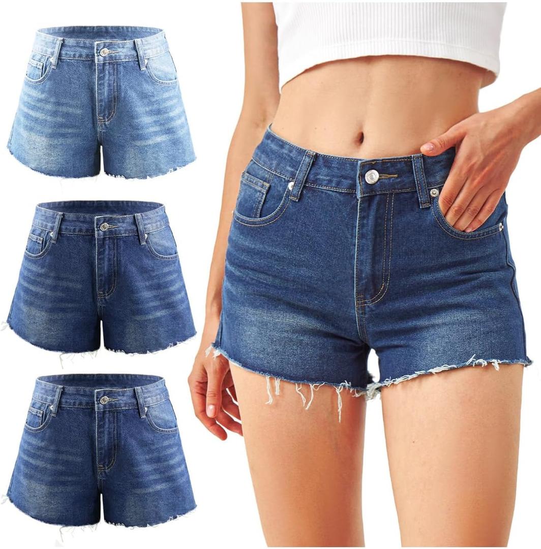 Liloak Womens Pack of Washed Denim Jean Shorts Mid Rise Casual Ripped Frayed Hem Summer Hot Shorts Pack (Blue, M)