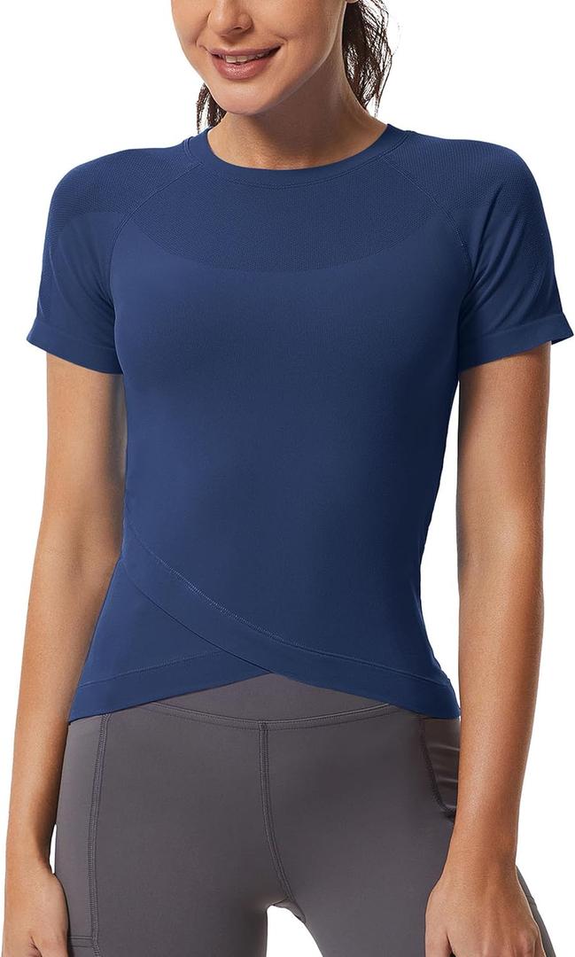 MathCat Workout Shirts for Women, Workout Tops for Women Short Sleeve, Cross Hem Compression Shirts (Small, Navy)