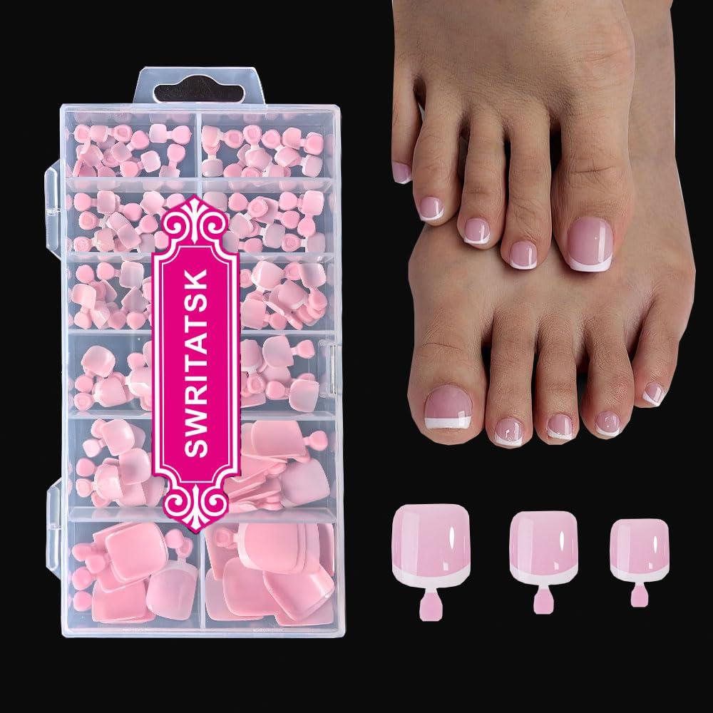 Toe Nail Tips,Square Toe Nail Press Ons Toe Nails,French Press On Toenails For Women,120Pcs Press On Toe Nails,12 Size French Pink Wearable Full Cover Fake Toenails, False Gel Toe Nails