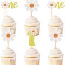 24Pcs Daisy One Cupcake Toppers Daisy 1st Birthday Cupcake Picks for Boho Groovy First Birthday One Year Old Spring Flower Baby Shower Hippie Party Cake Decors