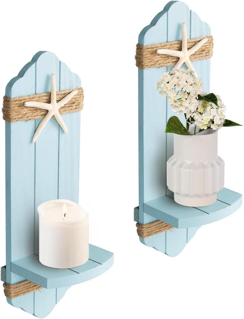 Wall Candle Sconces Set of Two, Blue Wood Wall Candle Holder Decor, Farmhouse Wooden Candle Holder Wall Decorations for Fireplace, Hallway, Living Room, Bedroom