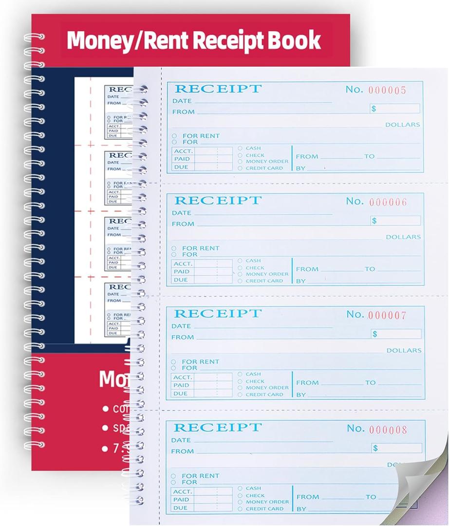 Money Rent Receipt Book,7.9x11.22 Inches 3 Part Carbonless,Receipt Book with Carbon Copies,Cash Receipt Book,100 Sets per Book