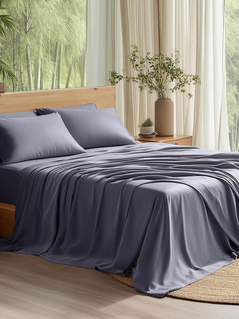 Bedsure Queen Sheet Set, Cooling Sheets for Queen Size Bed Set, Rayon Derived from Bamboo, Pure Woven, Breathable & Soft, Deep Pocket Up to 16", Hotel Luxury Silky Bedding for Hot Sleepers, Dark Grey
