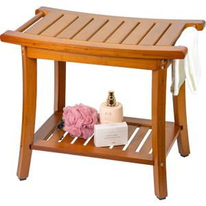 Utoplike Bamboo Shower Bench with Storage, Wood Shower Stool with Handles, Bathroom Seat for Towels, Spa, Inside Shower, Brown Finish
