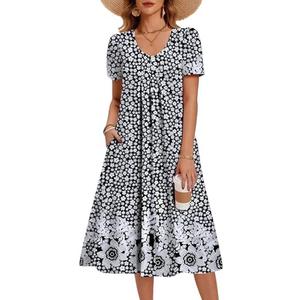 Zeagoo Summer Dress for Women Casual Floral Midi Sundress with Pockets V Neck Pleated Short Sleeve Aline Beach Vacation Dress XXL