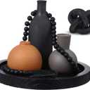 6 Pieces Ceramic Vase Set with Wood Link Chain and Bead Garland Decorative Vase Boho Rustic Farmhouse Natural Wooden Link Decor for Living Room Home Table Shelf Decor(Black)