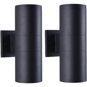 mirrea Modern Outdoor Porch Light Patio Light in 2 Lights with Aluminum Cylinder and Tempered Glass Cover Waterproof Wall Sconce 2 Pack (Matte Black)