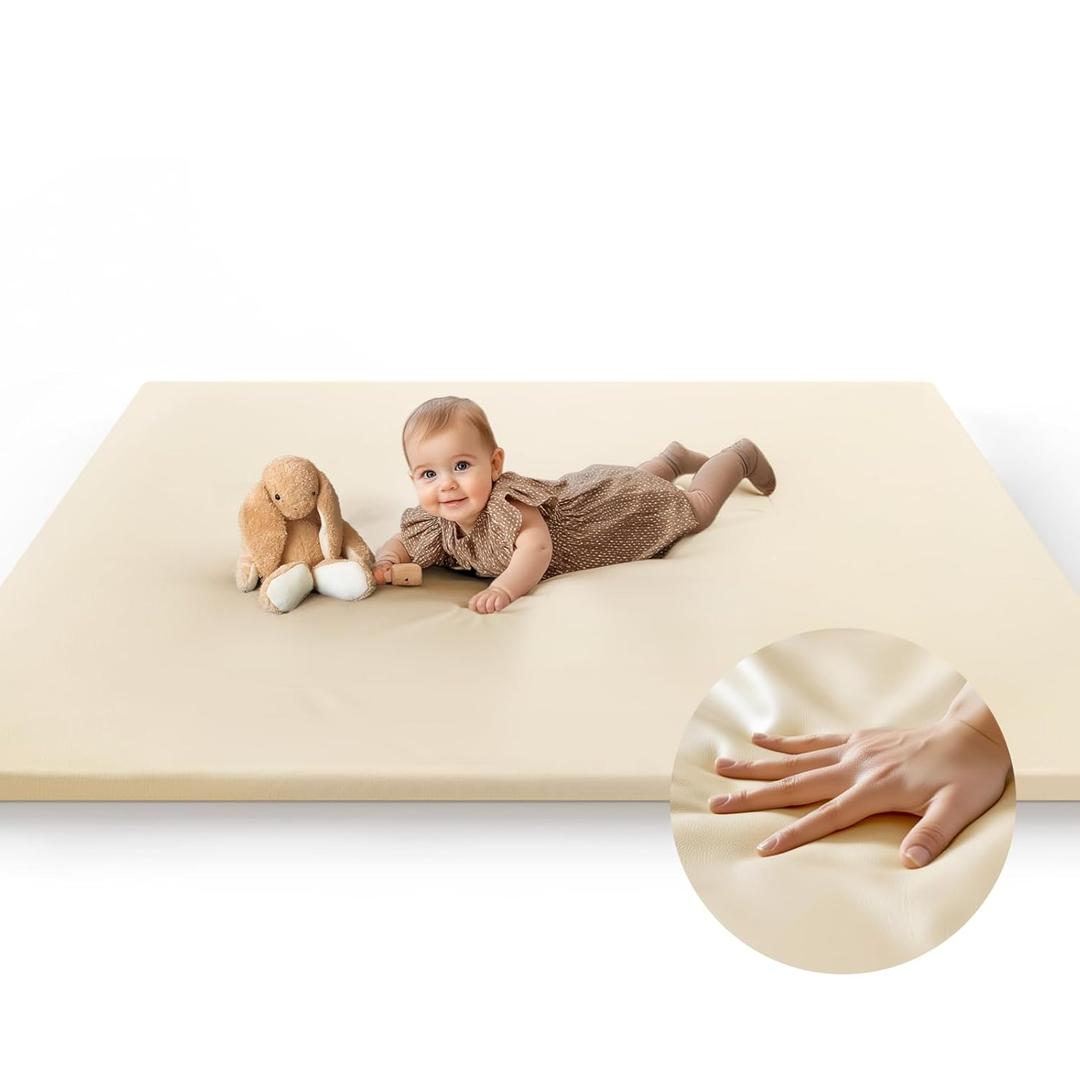 Baby Mat for Floor, Thick Soft Non-Toxic Vegan Leather Baby Play Mat, Waterproof Foam Play Mat, Padded Play Mat for Baby, 50x50 Playpen Mat, Infant Playmat for Baby Girls and Boys, Beige (48"x48")