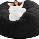 Giant Bean Bag Chair Cover(No Filler),Oversized Round Soft Fluffy PV Velvet Washable Lazy Sofa Bean Bag Bed Cover for Adults, Living Room Bedroom Furniture Outside Cover (Black, 5FT)