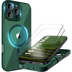 Cufelf Magnetic for iPhone 16 Pro Max Case(Compatible with Magsafe) Full Camera Protection,2+Full Coverage Screen Protector,Translucent Matte,Military Drop Protection Phone Case,6.9",Green