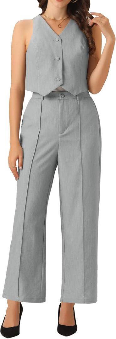 Allegra K Vest Pants Suits for Women's Dressy Two Piece Business Outfits Sleeveless Blazer Wide Leg Pants Sets (Grey)
