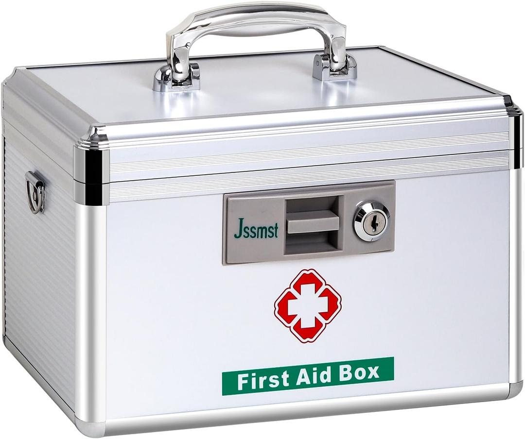 Jssmst Medication Lock Box with Key, Medicine Lock Box for Medication Storage, First Aid Box Locked Medicine Case, Key Safe Locking Box for Drugs Use, 12 x 7.4 x 8.1 inches, Silver