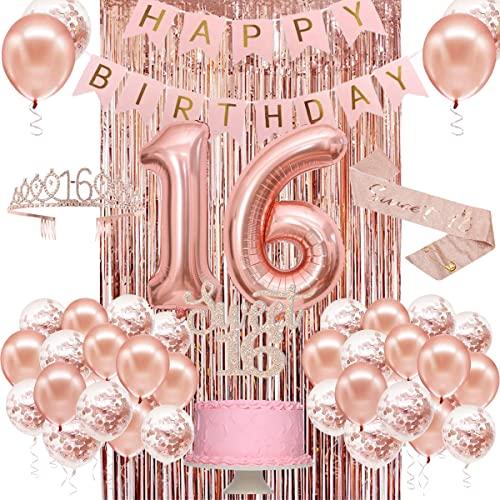 Sweet 16 Party Decorations for Girls, Happy 16th Birthday Banner Cake Topper Balloons Sash and Tiara, Rose Gold 16 Birthday Party Supplies for Girls