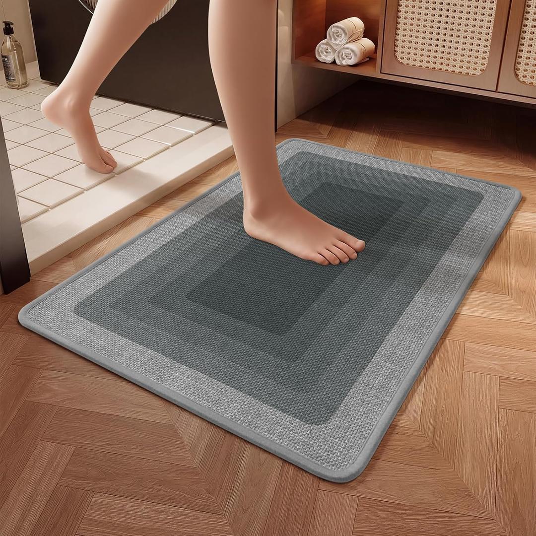 Ultra Thin Quick Dry Bath Mat, Super Absorbent Non Slip Shower Rug, Low Profile Bathroom Floor Mat Fits Under Door, Machine Washable Grey 16x24