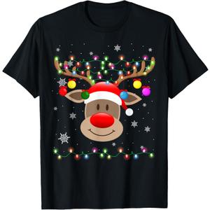 Red Nose Reindeer Snowflakes Chirstmas Lights T-Shirt, Size: Small
