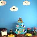 Super Brothers Party Cupcake Stand with Stars & Gold coin Cupcake Toppers 24pcs, Video Game Birthday Party Supplies for Kids Boy Birthday Cupcake Decoration Super Game Bros 3 Tier Cupcake Stand