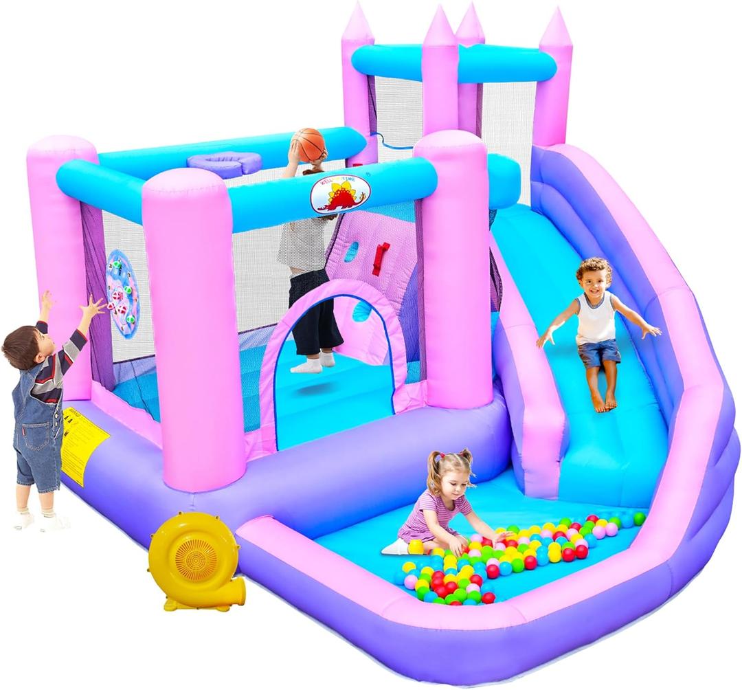 WELLFUNTIME Inflatable Bounce House with Slide, Kids Jumping Castle with Blower, Ball Pit, Climbing Wall, Dartboard, Basketball Hoop, 108x122x86 Inch