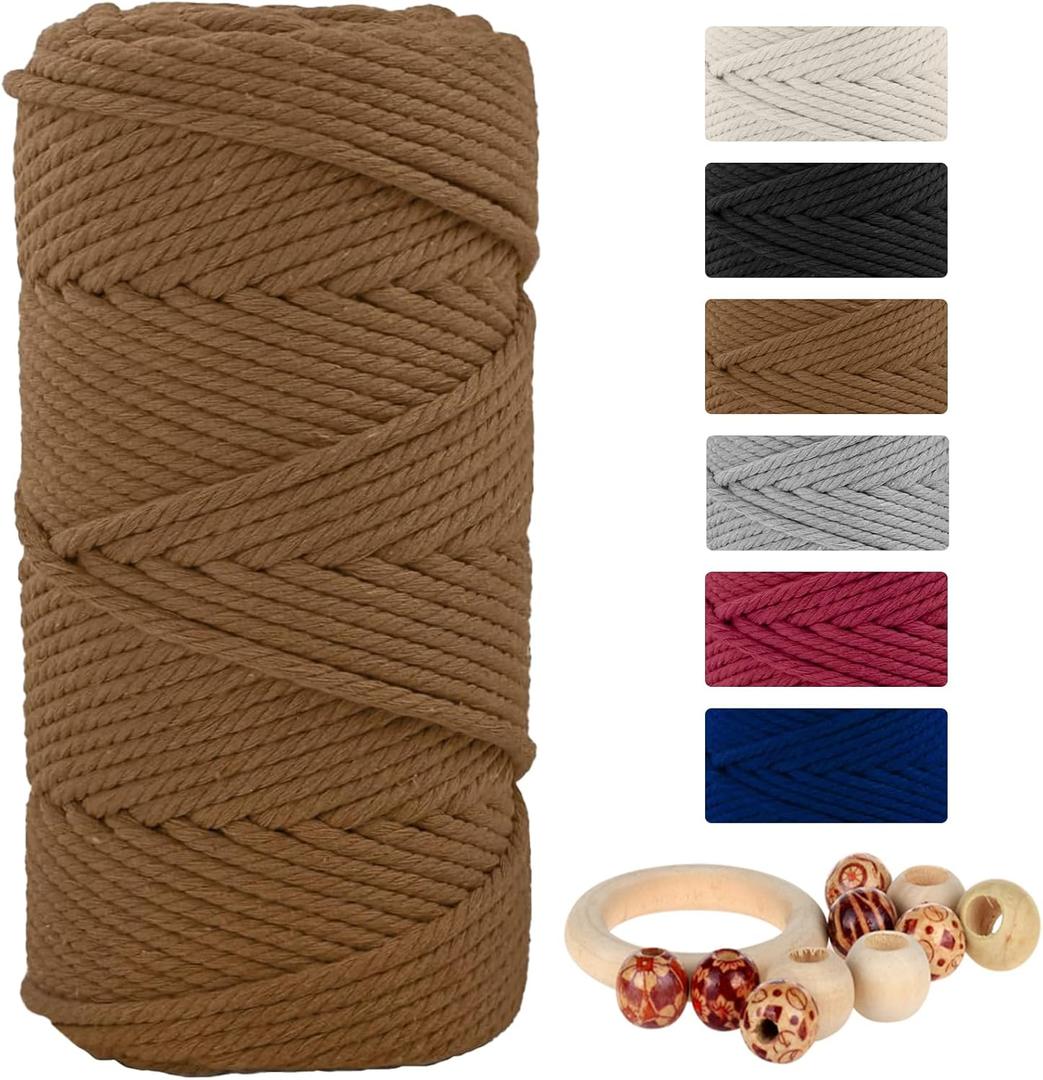 Natural Macrame Cord Cotton Rope with Wooden Beads & Rings, 6mm x109 Yards 4 Strand Twisted, Munzong Handmade Macrame Rope for Wall Hanging, DIY Craft, Knitting Plant Hanger(100m, Caramel)